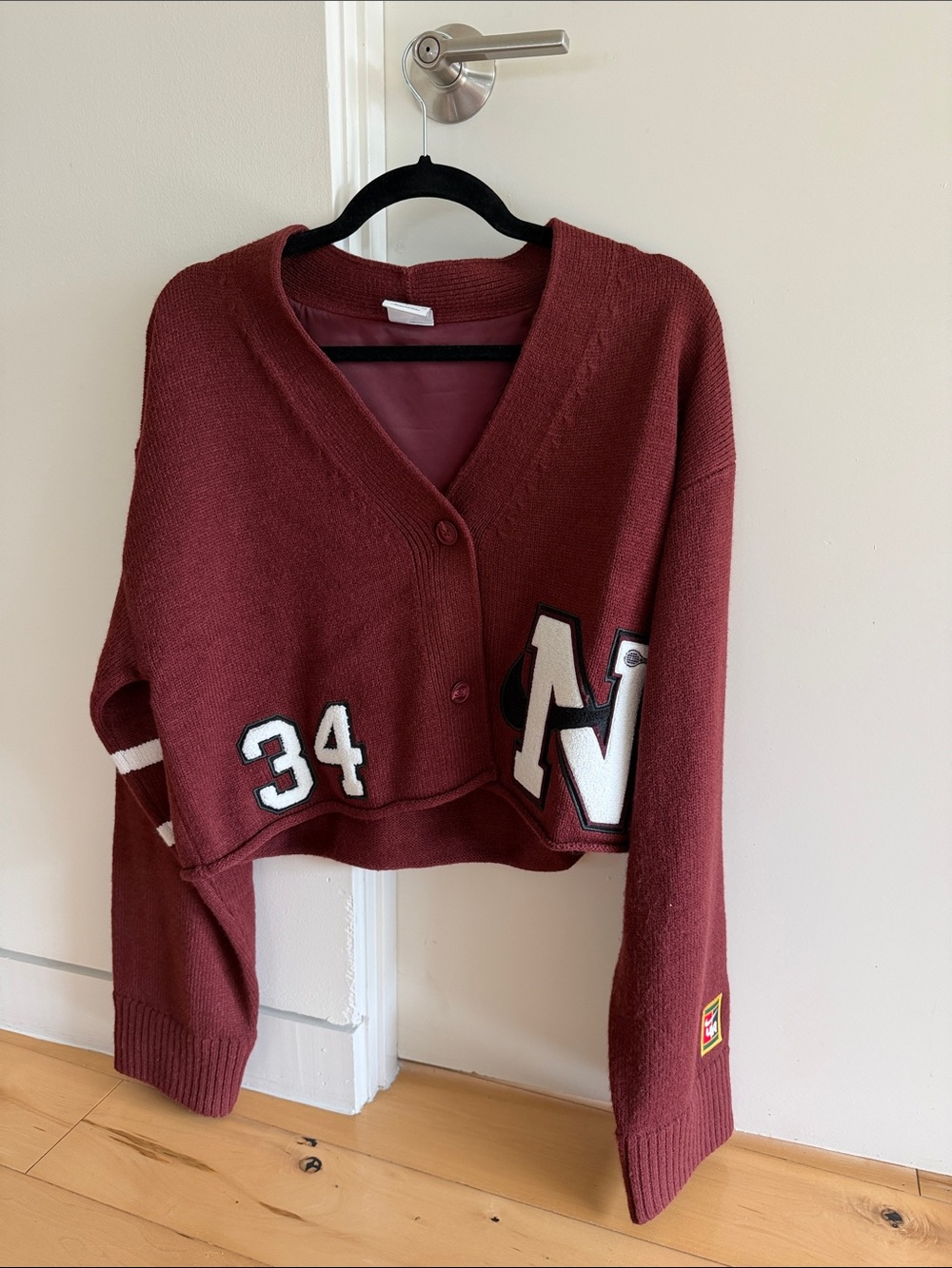 Nike Women's Maroon Cropped Varsity Cardigan with White Patches